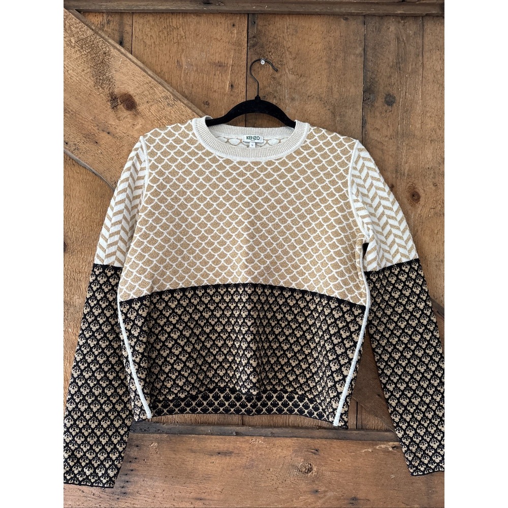 Kenzo Gold Black Geometric Scallop Knit Crewneck Sweater Wool Blend Small